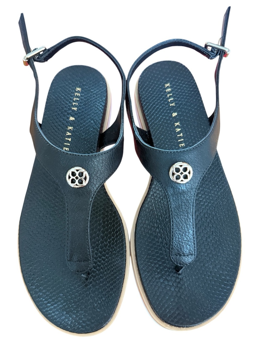 NIB Kelly & Katie Black Slingback Thong Sandals with Silver Medallion